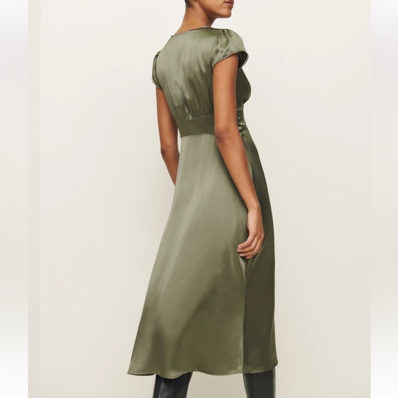Reformation Cassie Silk Midi Dress in Aloe Vera Green - Picture 3 of 6